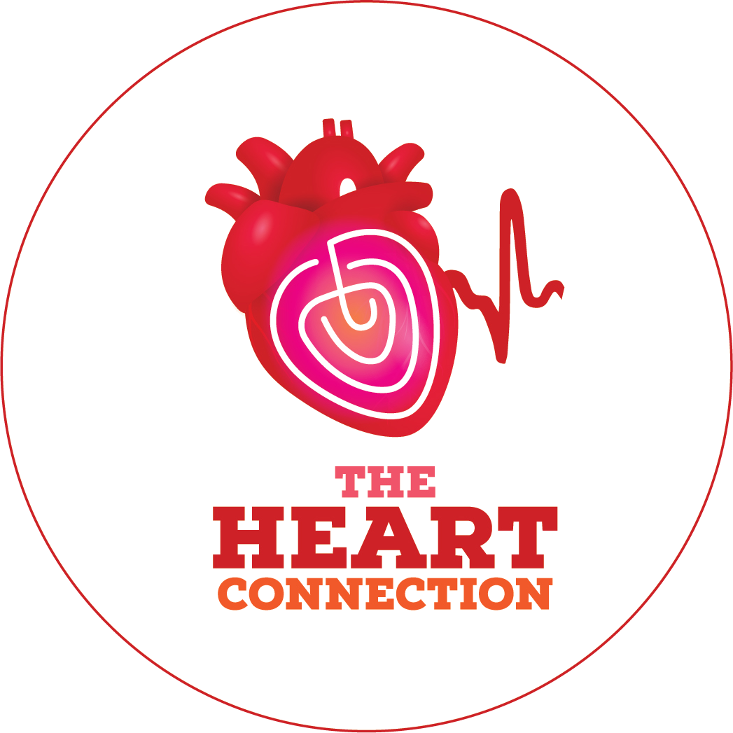 The Heart Connection logo — an anatomical heart with an inner labyrinth spiral, echoing a cardiac J-wire, and a heartbeat line